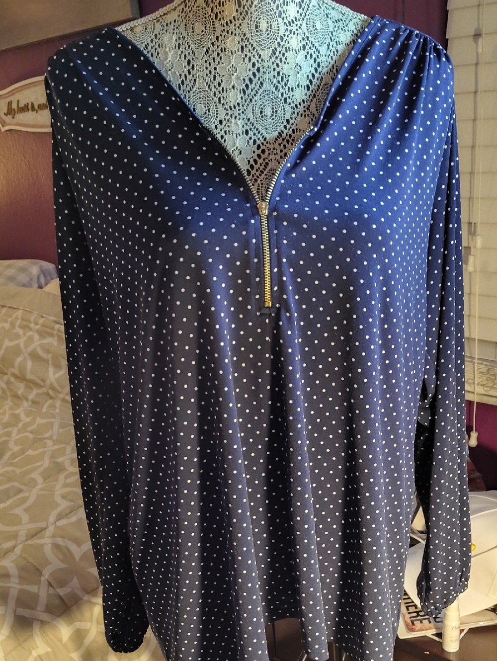 Michael Kors Women’s Navy Polka Dot Zip-Front Long Sleeve Blouse